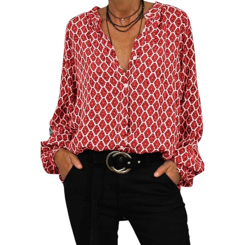Button-Up Blouse with Geometric Print