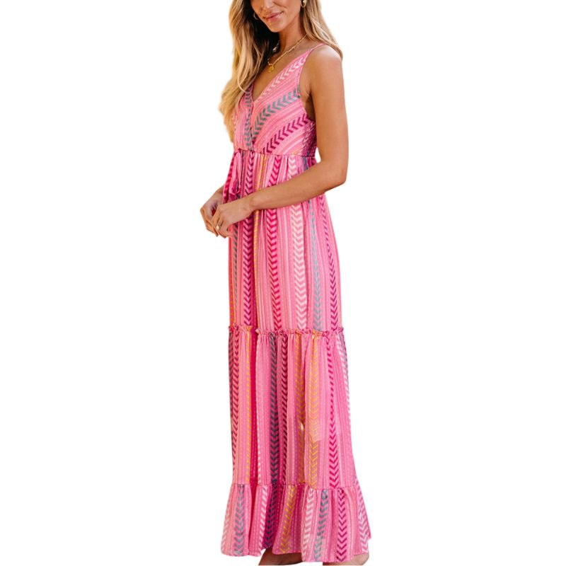 Long Pink Dress with Multicolor Stripes