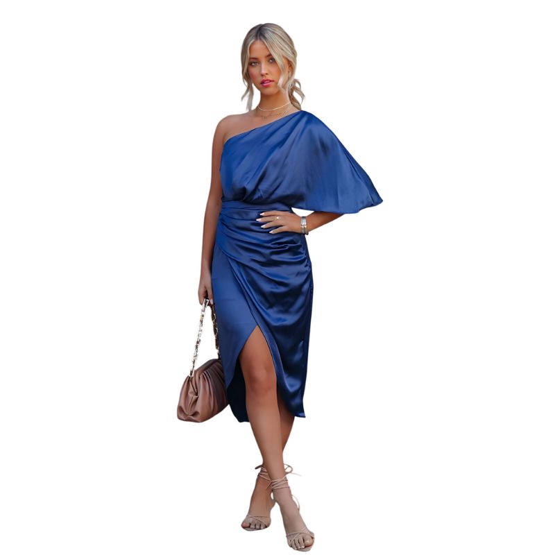 One-Sleeve Pleated Midi Blue Dress