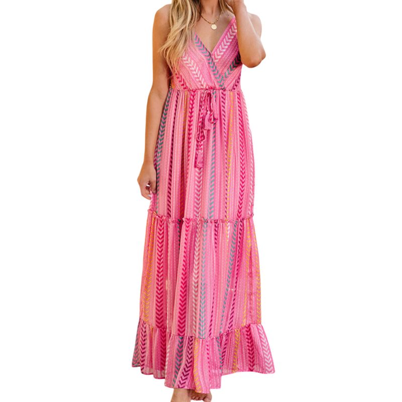 Long Pink Dress with Multicolor Stripes