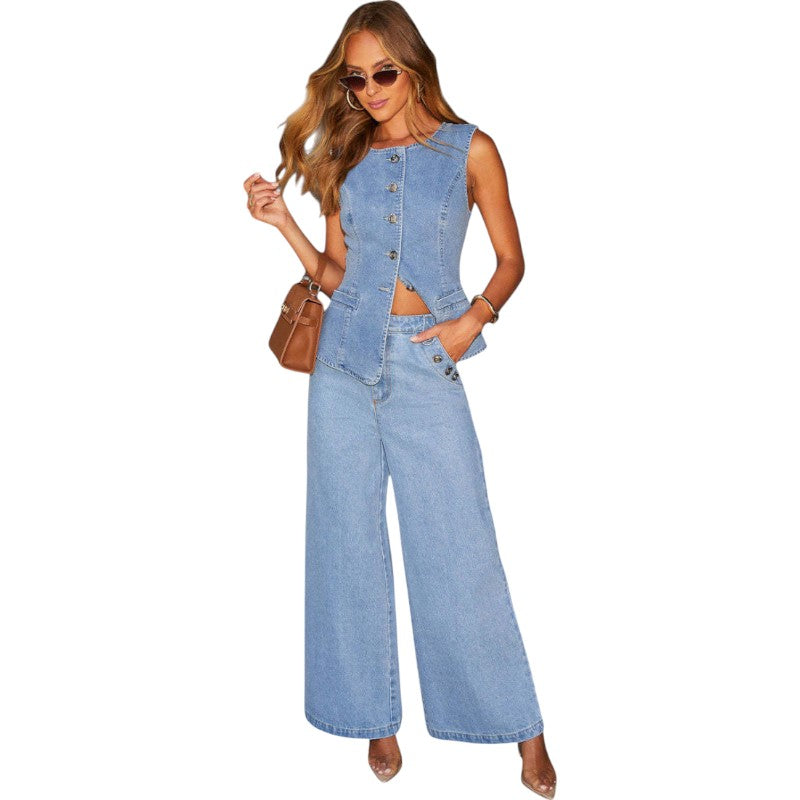Sleeveless Denim Vest & Wide-Leg Jeans