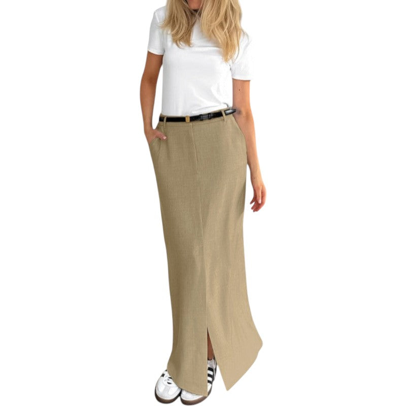 High Waisted Long Skirt with Front Slit